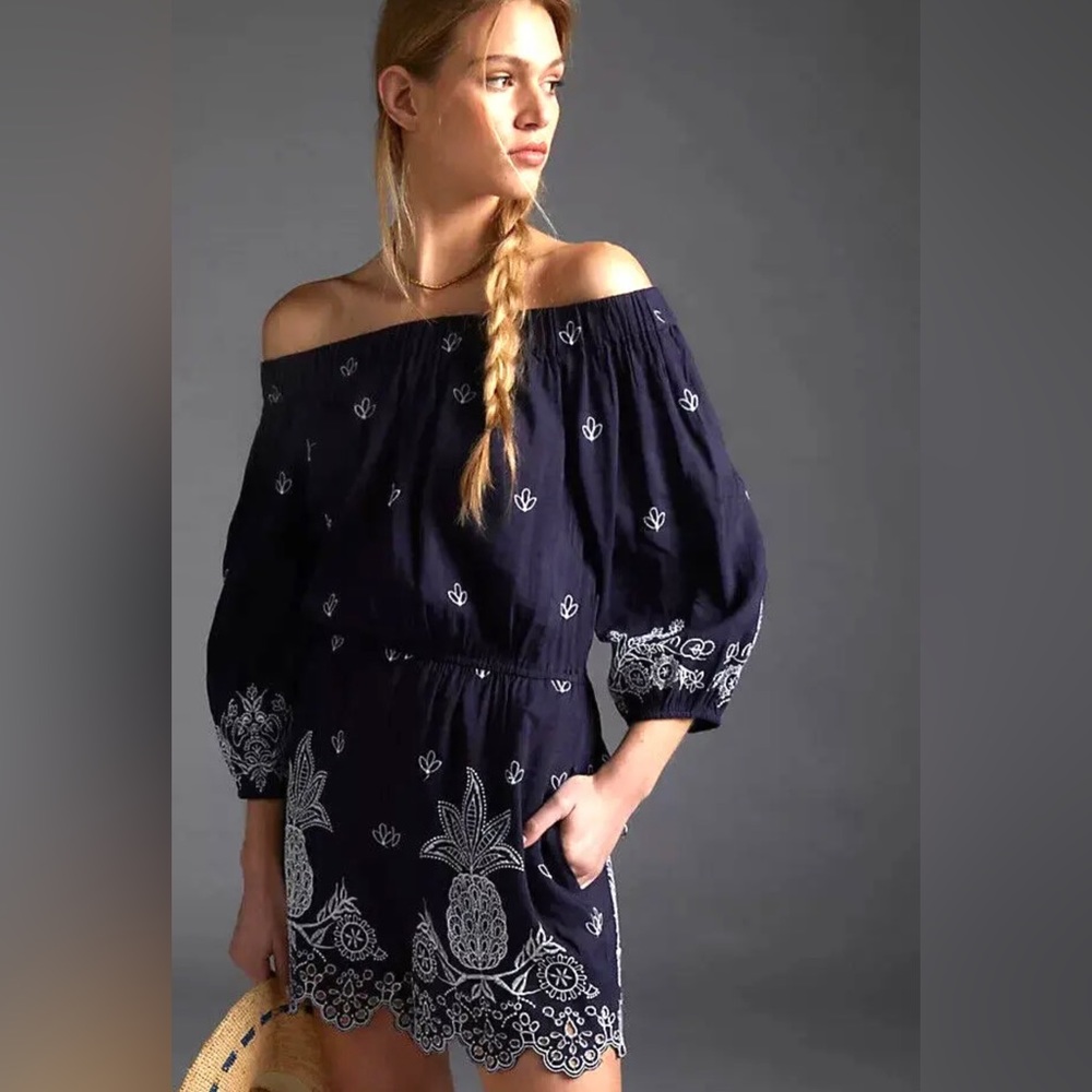 Farm Rio Embroidered Linen Romper Pineapple Anthropologie Jackie Navy Size S NEW